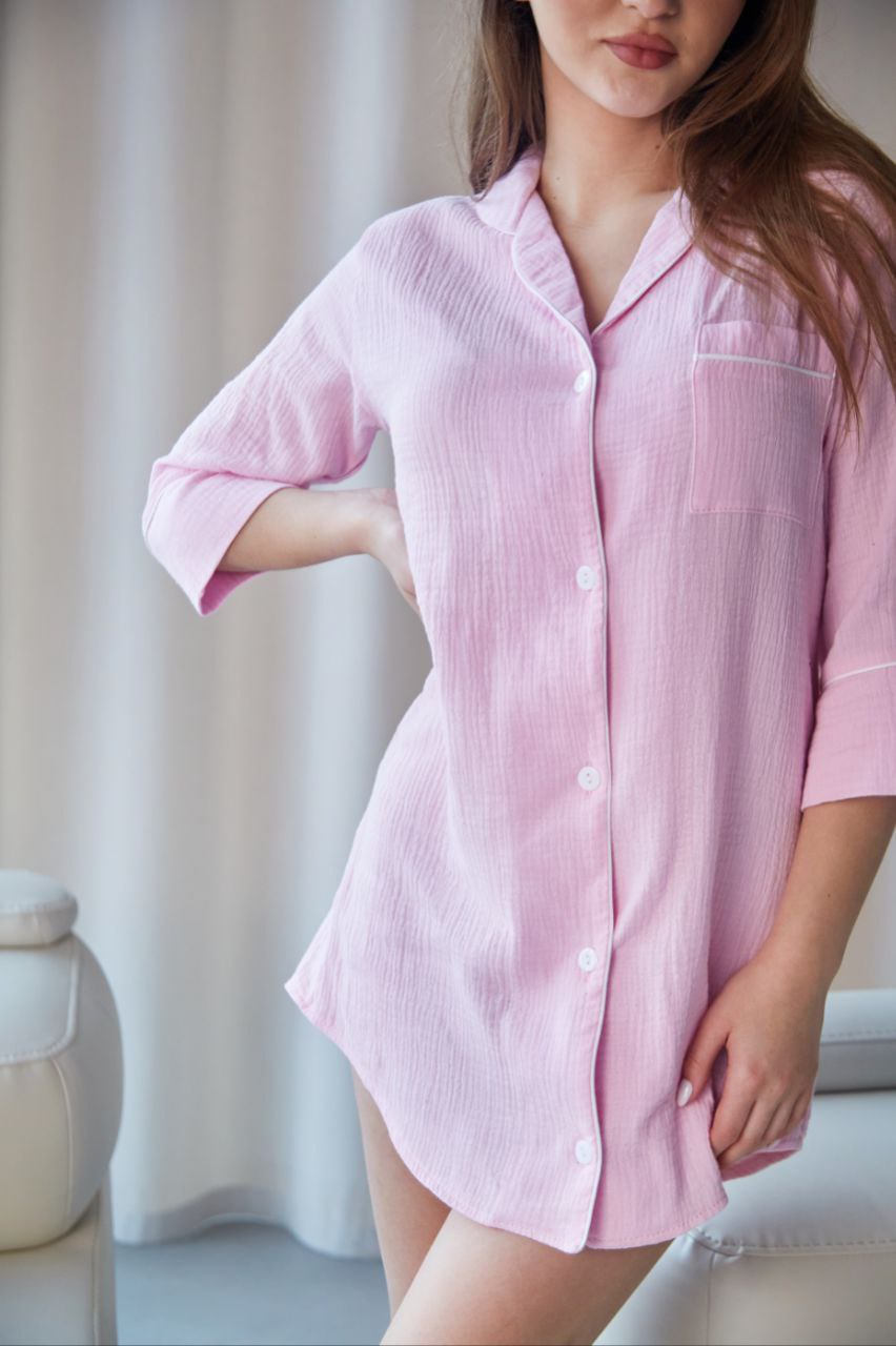 Піжамна жіноча сорочка із мусліну з атласним кантом (7 кольорів)
